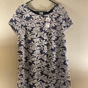 Maison Jules white, cap sleeve, black floral pattern A-line dress medium length